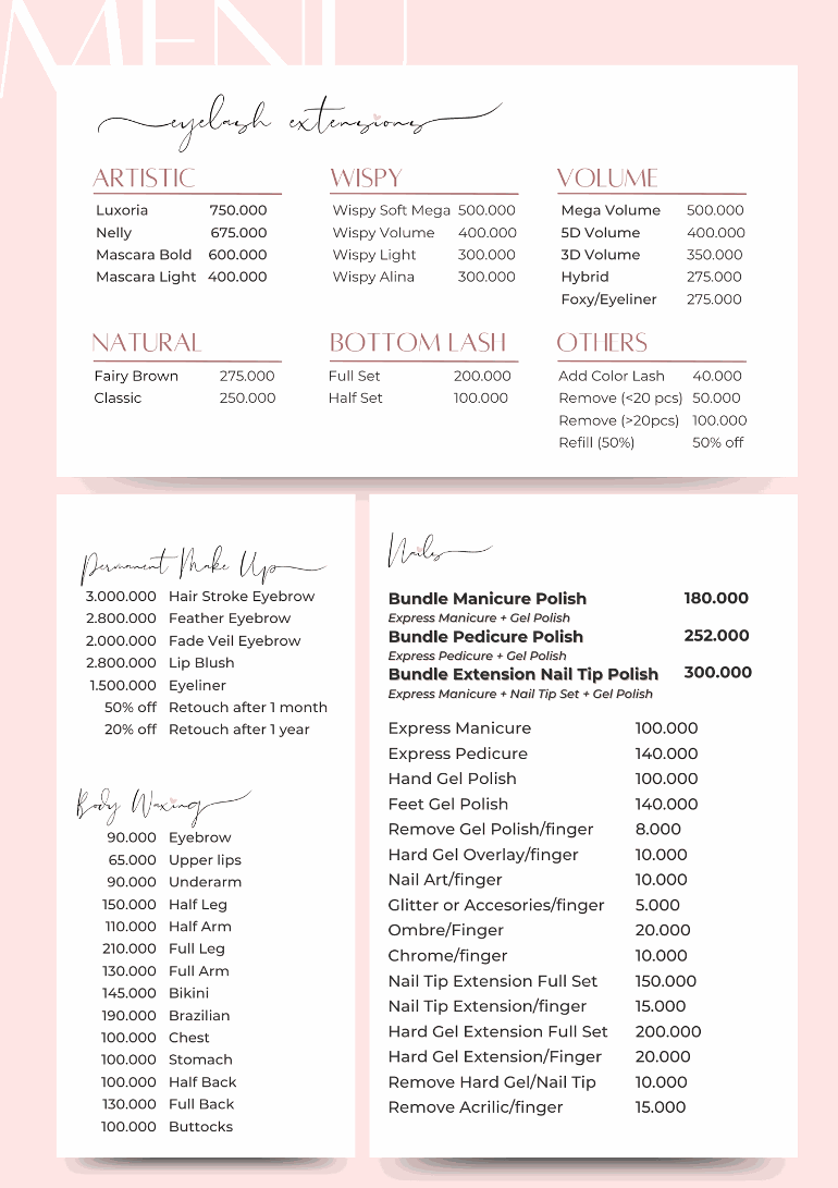 Pricelist eyelash extension